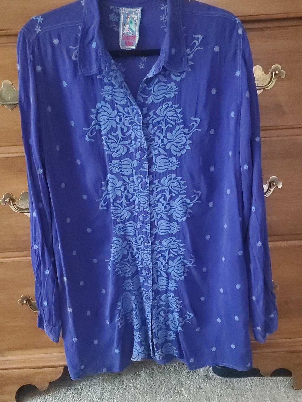 Johnny Was Blue Embroidered Button-Down Shirt